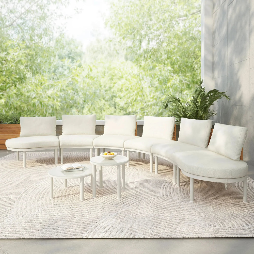 TOPMAX 8-Piece Patio Sofa Furniture Set, Half Moon Outdoor Sectional Sofa with 2 High-Low Coffee Tables, PE Wicker Rattan, Tempered Glass, 6 Pillows & Cushions, for Backyard, Garden, Poolside,Beige - DTY Store