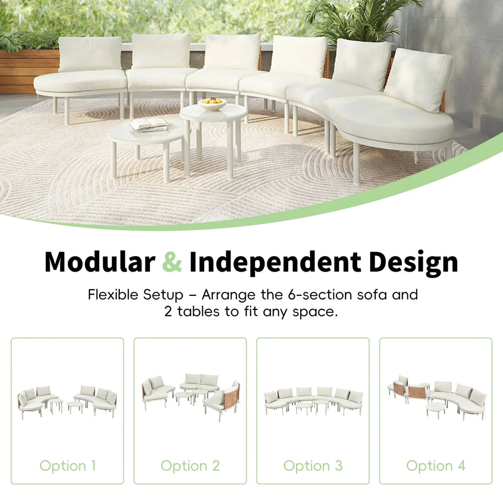TOPMAX 8-Piece Patio Sofa Furniture Set, Half Moon Outdoor Sectional Sofa with 2 High-Low Coffee Tables, PE Wicker Rattan, Tempered Glass, 6 Pillows & Cushions, for Backyard, Garden, Poolside,Beige - DTY Store