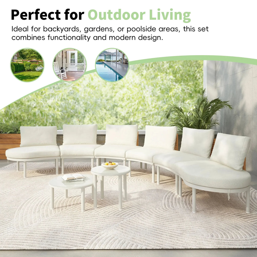TOPMAX 8-Piece Patio Sofa Furniture Set, Half Moon Outdoor Sectional Sofa with 2 High-Low Coffee Tables, PE Wicker Rattan, Tempered Glass, 6 Pillows & Cushions, for Backyard, Garden, Poolside,Beige - DTY Store