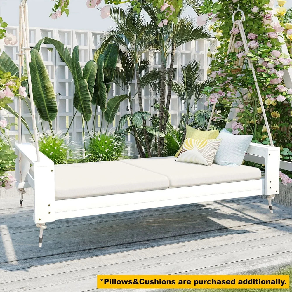 Porch Swing Bed Acacia Wood Frame Twin Size Outdoor Patio Lounge White Media 2