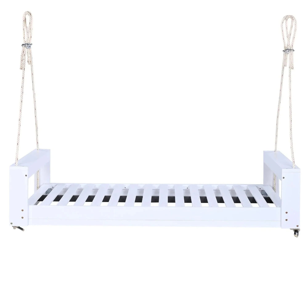 Porch Swing Bed Acacia Wood Frame Twin Size Outdoor Patio Lounge White Media 8