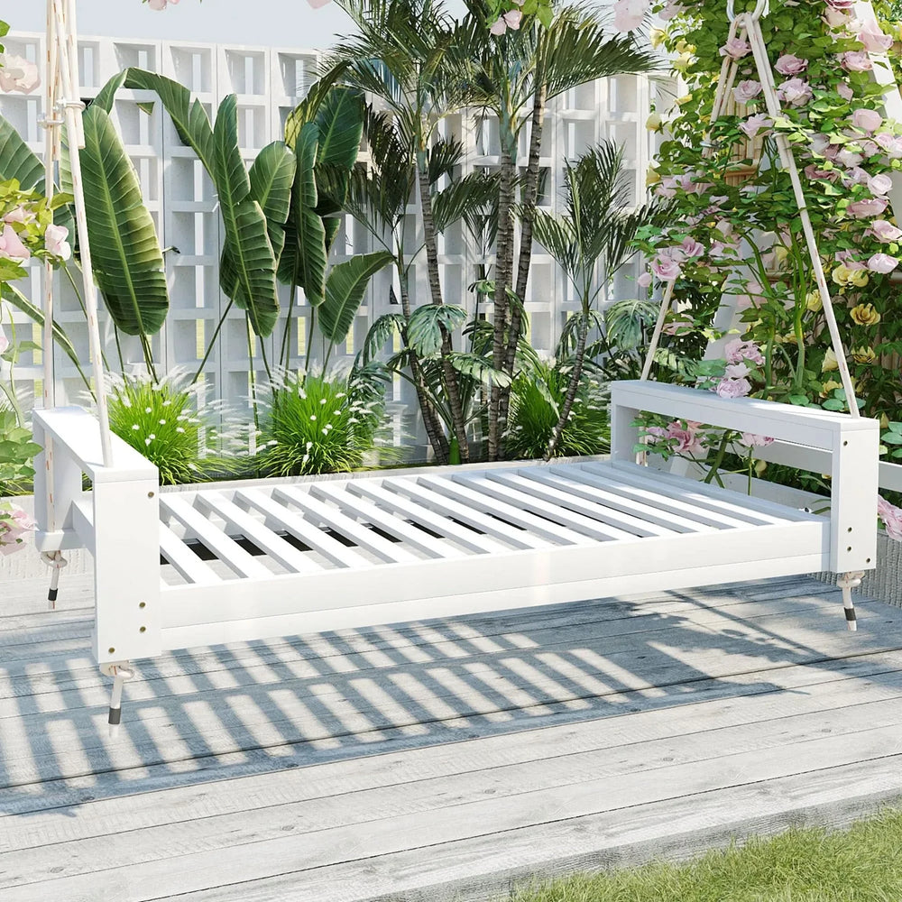 Porch Swing Bed Acacia Wood Frame Twin Size Outdoor Patio Lounge White Media 1