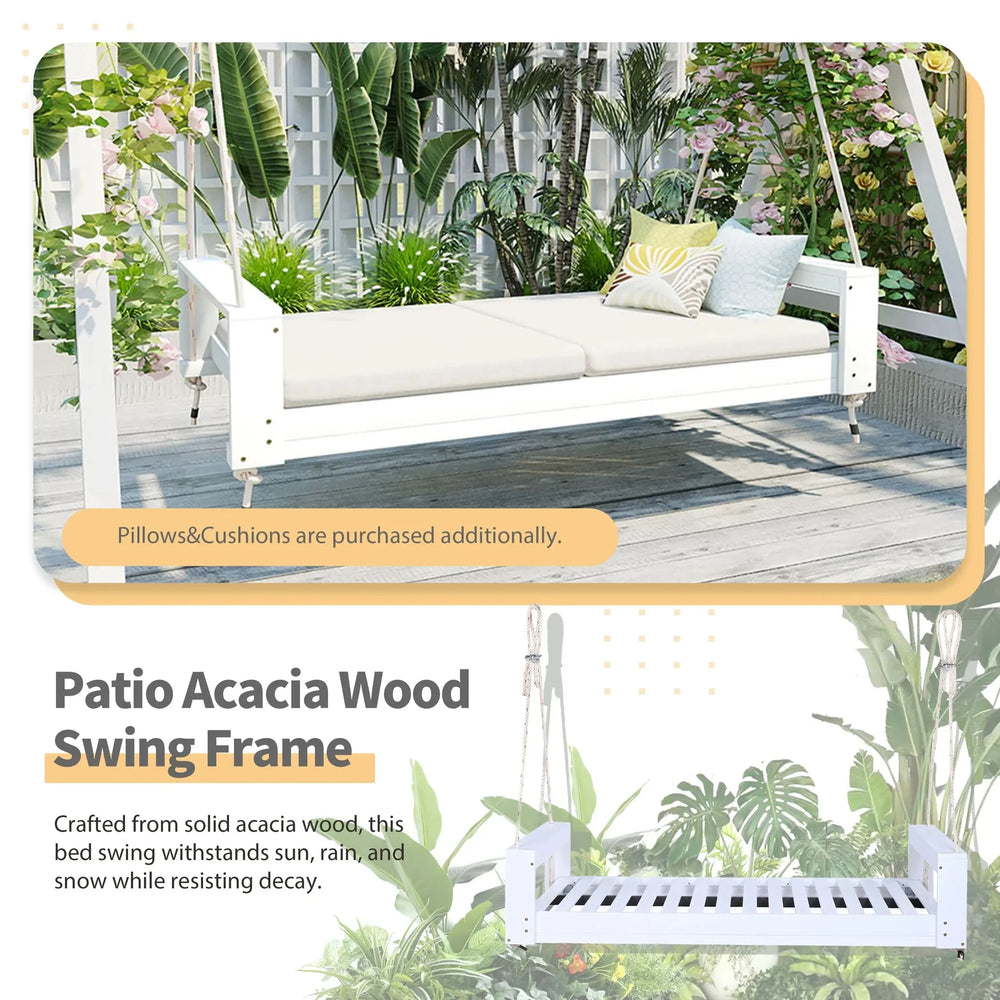 Porch Swing Bed Acacia Wood Frame Twin Size Outdoor Patio Lounge White Media 3