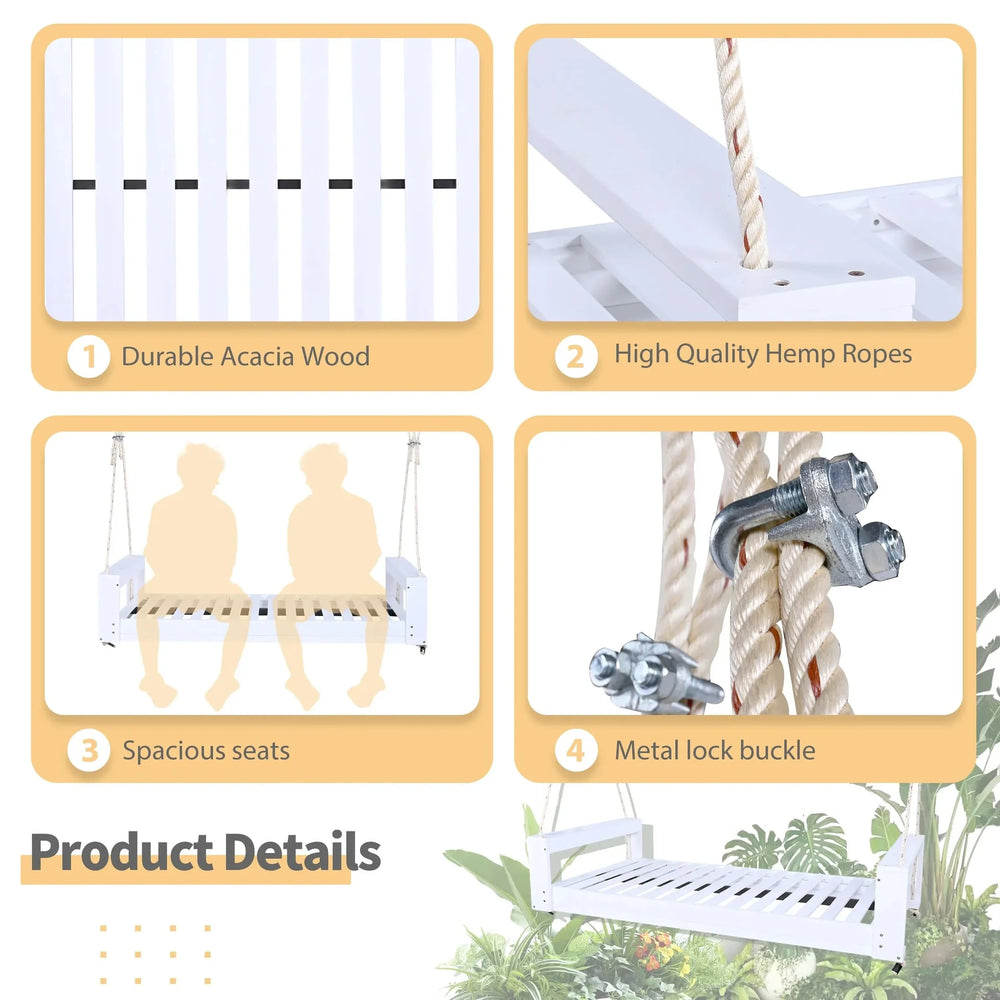 Porch Swing Bed Acacia Wood Frame Twin Size Outdoor Patio Lounge White Media 4