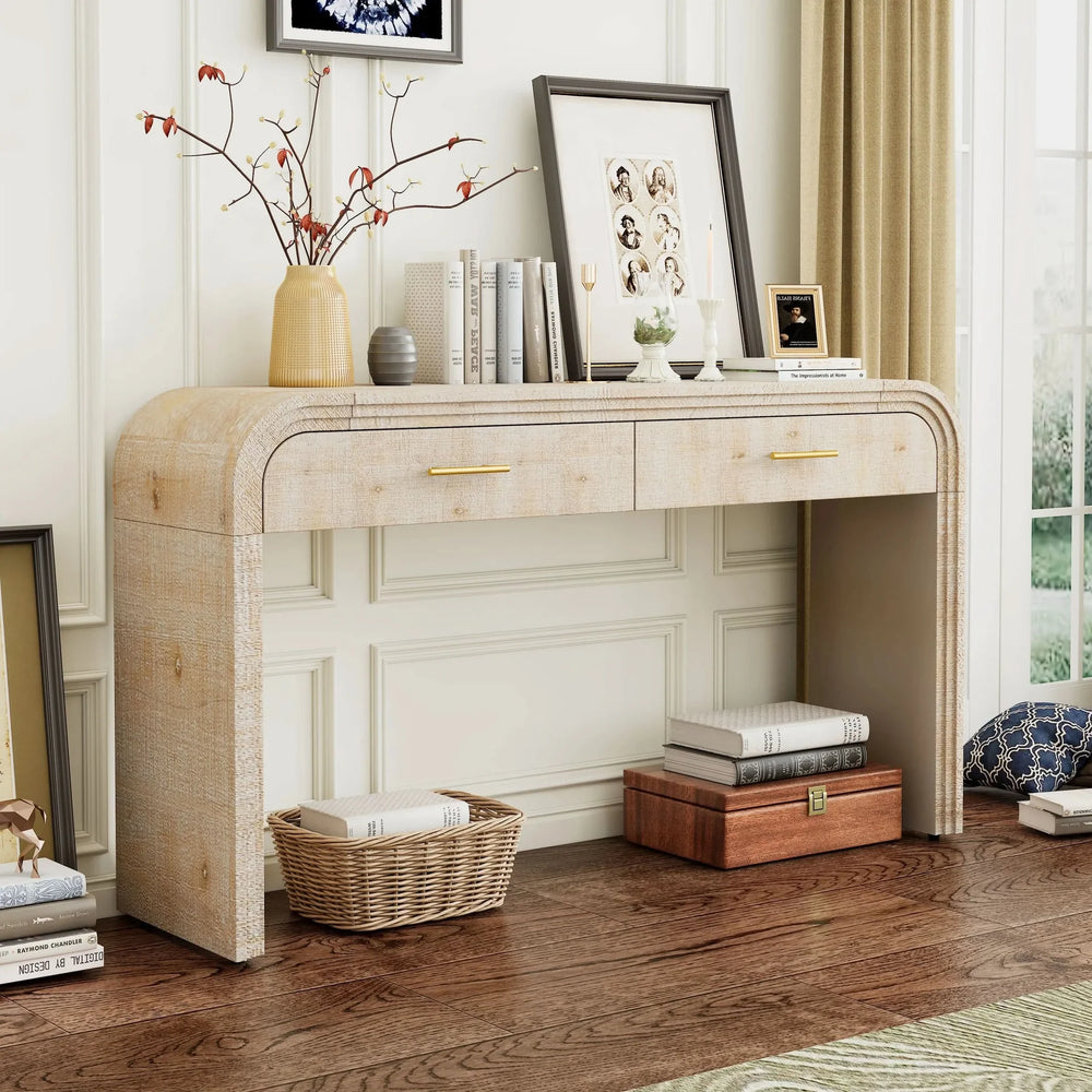 Console Table Natural Wood Finish Retro Silhouette With Two Drawers Media 3