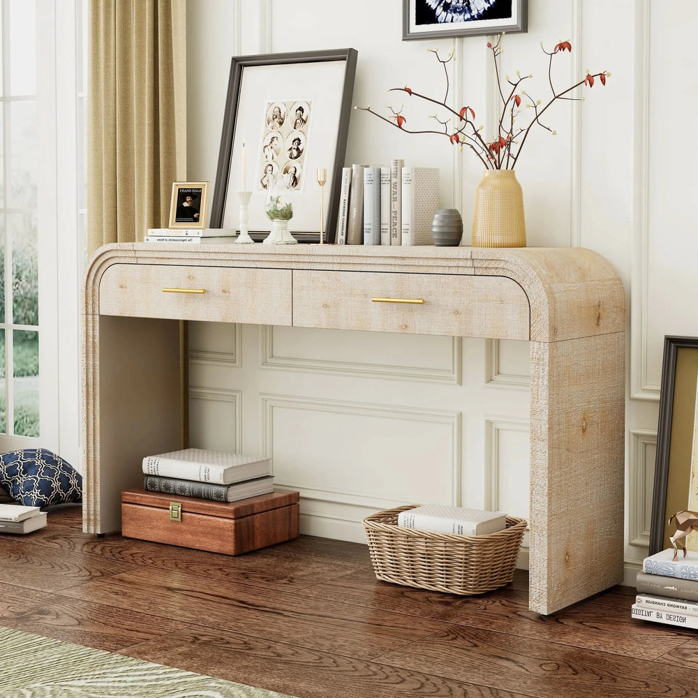 Console Table Natural Wood Finish Retro Silhouette With Two Drawers Media 1