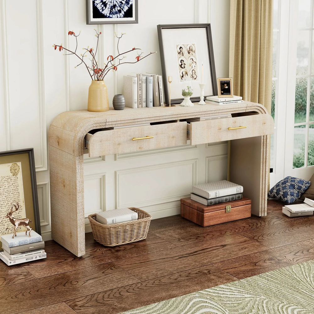 Console Table Natural Wood Finish Retro Silhouette With Two Drawers Media 4