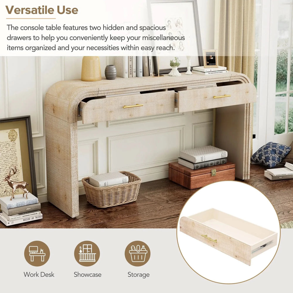 Console Table Natural Wood Finish Retro Silhouette With Two Drawers Media 8