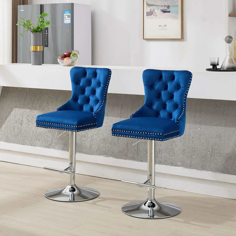 Thick Chrome Swivel Velvet Barstools,Adjustable 25-33'Height,Modern Upholstered with17.7' Base,Tufted Buttons&Diamond Pleating,Sponge&Spring Seat,for Home Pub&Kitchen Island(Blue, Set of 2) - DTY Store