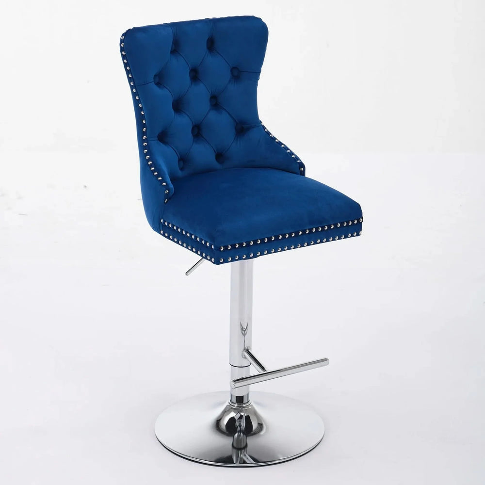Thick Chrome Swivel Velvet Barstools,Adjustable 25-33'Height,Modern Upholstered with17.7' Base,Tufted Buttons&Diamond Pleating,Sponge&Spring Seat,for Home Pub&Kitchen Island(Blue, Set of 2) - DTY Store