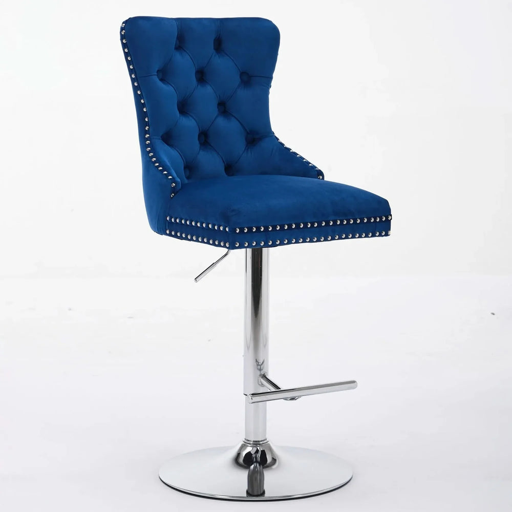 Thick Chrome Swivel Velvet Barstools,Adjustable 25-33'Height,Modern Upholstered with17.7' Base,Tufted Buttons&Diamond Pleating,Sponge&Spring Seat,for Home Pub&Kitchen Island(Blue, Set of 2) - DTY Store