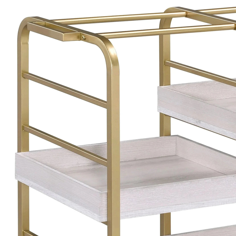 Serving Cart Gold & White Washed Finish Metal & Synthetic Wood With Wheels Media 7