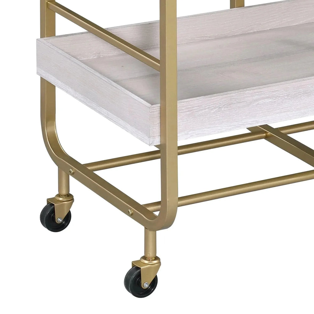 Serving Cart Gold & White Washed Finish Metal & Synthetic Wood With Wheels Media 6