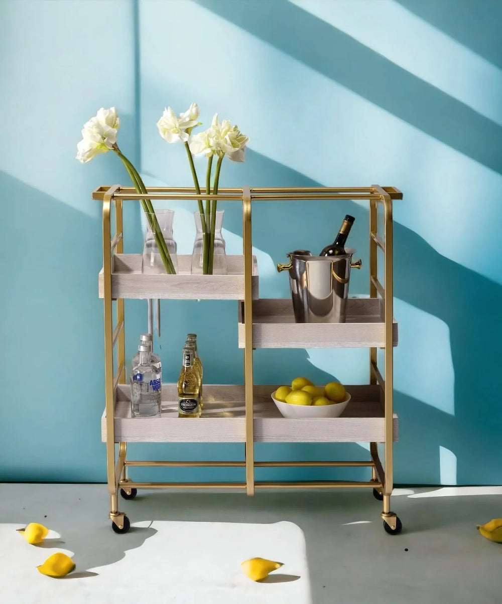 Serving Cart Gold & White Washed Finish Metal & Synthetic Wood With Wheels Media 2