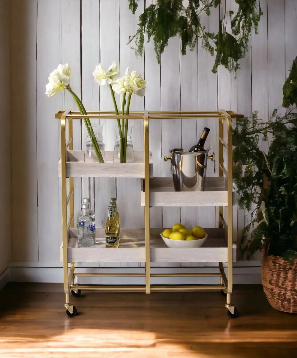 Serving Cart Gold & White Washed Finish Metal & Synthetic Wood With Wheels Media 3