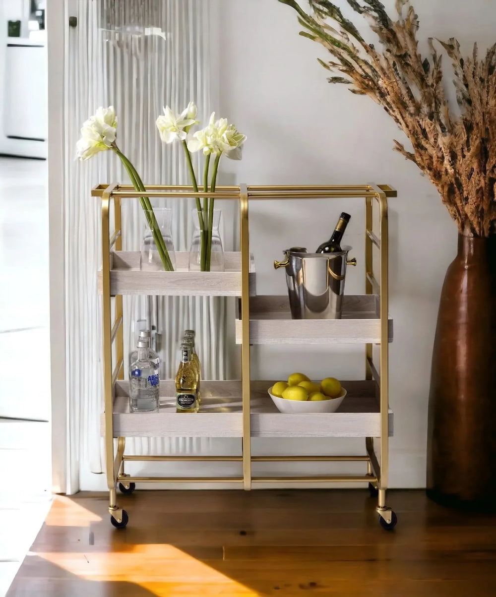 Serving Cart Gold & White Washed Finish Metal & Synthetic Wood With Wheels Media 1