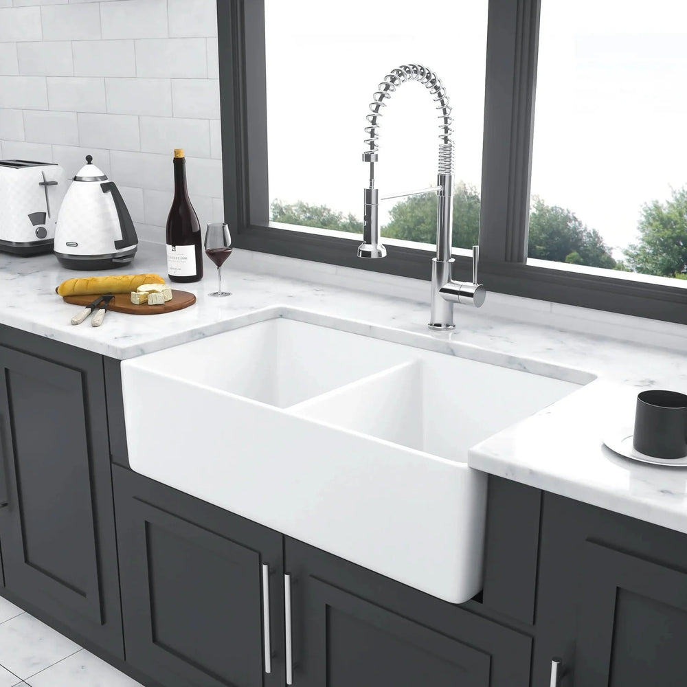 Farmhouse Sink Ceramic White Double Bowl Apron Front Kitchen 32 Inch Media 4