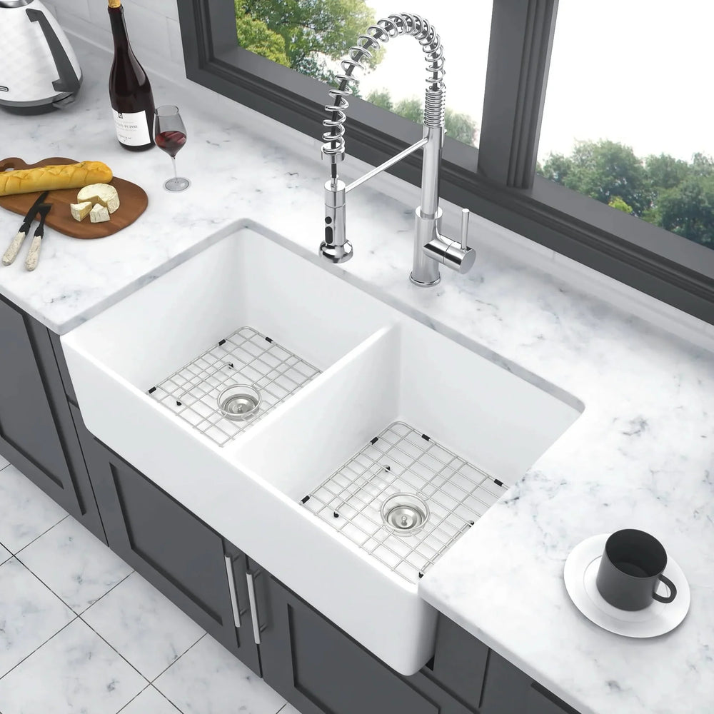 Farmhouse Sink Ceramic White Double Bowl Apron Front Kitchen 32 Inch Media 3