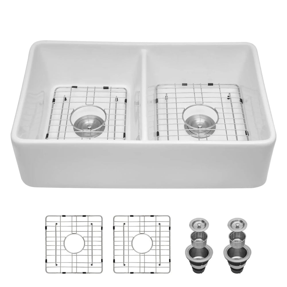 Farmhouse Sink Ceramic White Double Bowl Apron Front Kitchen 32 Inch Media 7