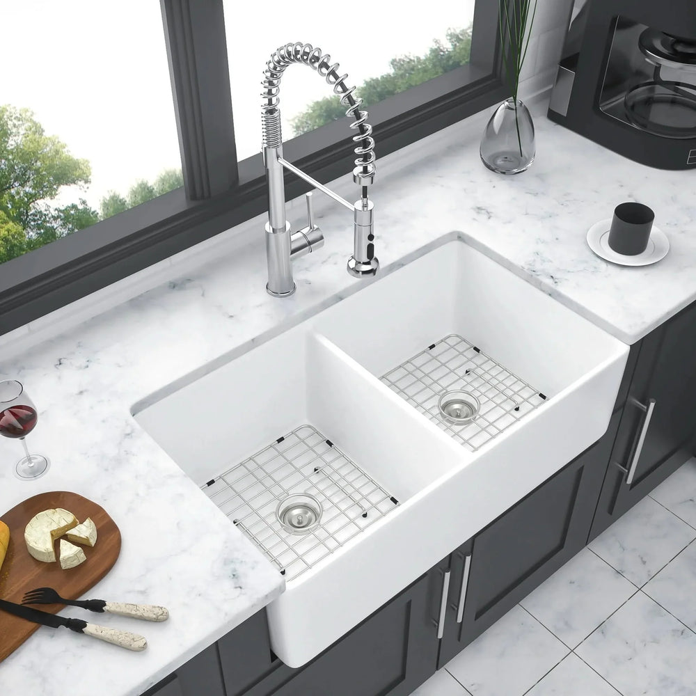 Farmhouse Sink Ceramic White Double Bowl Apron Front Kitchen 32 Inch Media 1