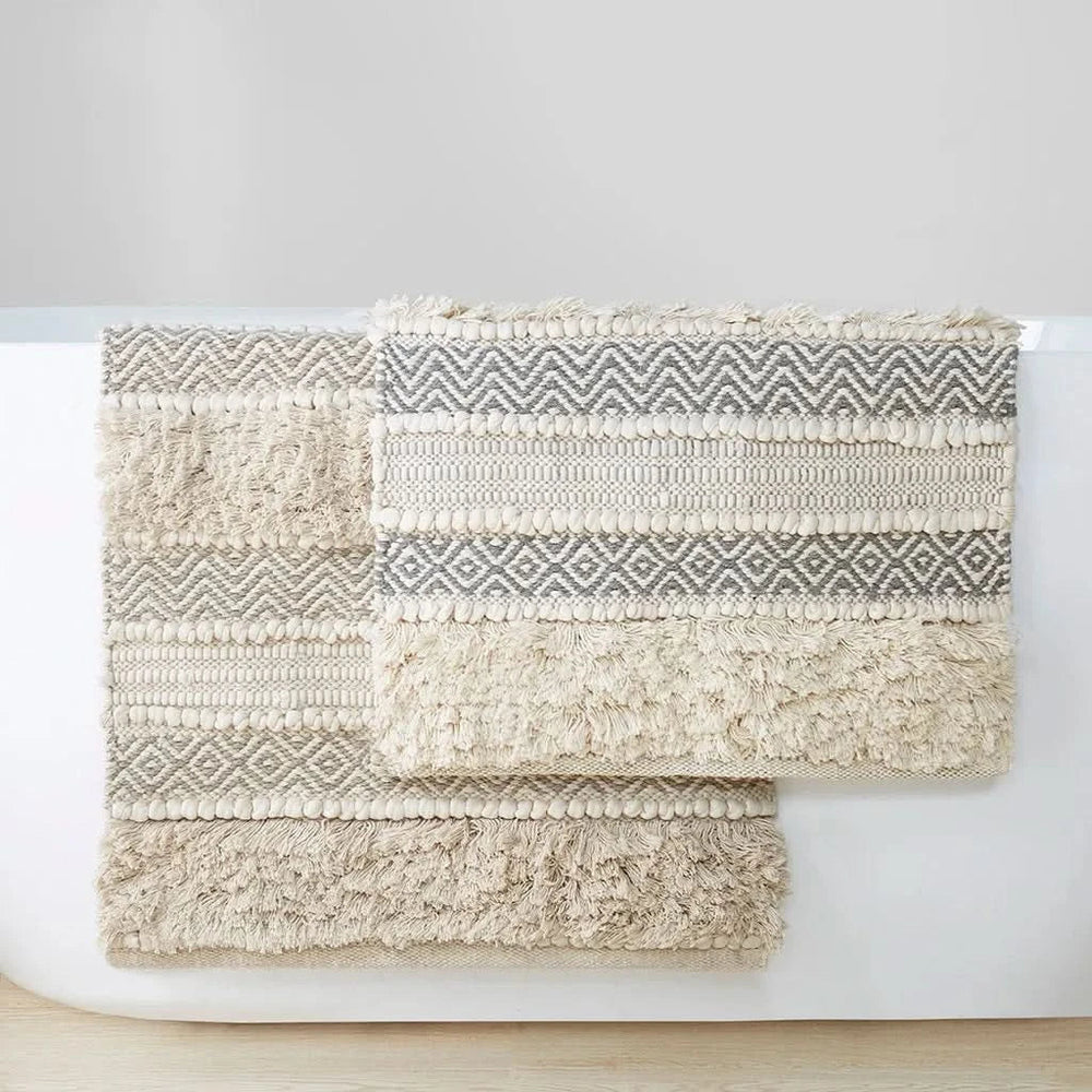 Boho Bath Rug Handwoven Polyester Textured Stripe Natural Color For Bathrooms Media 9