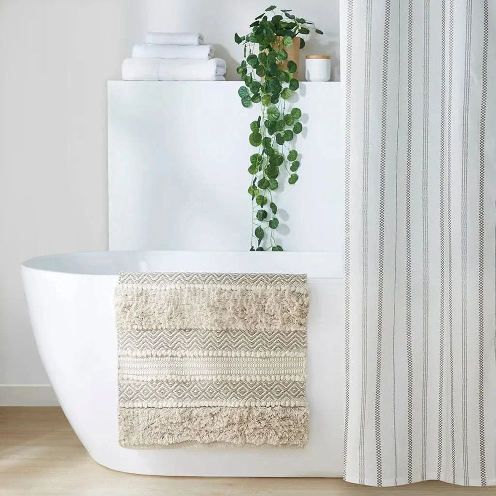 Boho Bath Rug Handwoven Polyester Textured Stripe Natural Color For Bathrooms Media 11