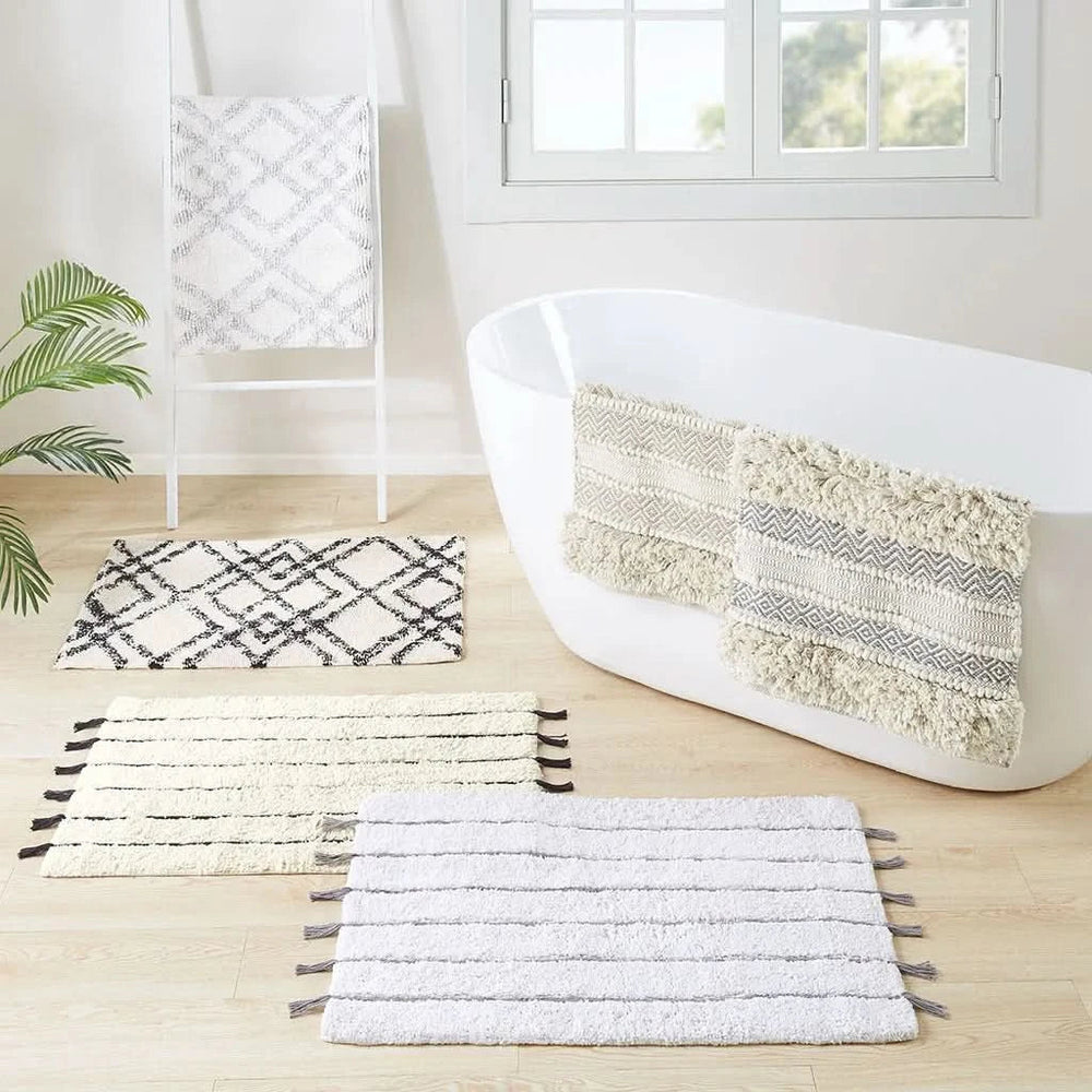 Boho Bath Rug Handwoven Polyester Textured Stripe Natural Color For Bathrooms Media 8