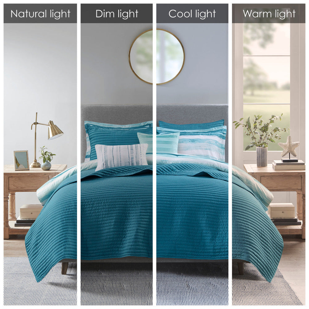 8 Piece Printed Seersucker Comforter and Quilt Set Collection Aqua Full/Queen Media 5