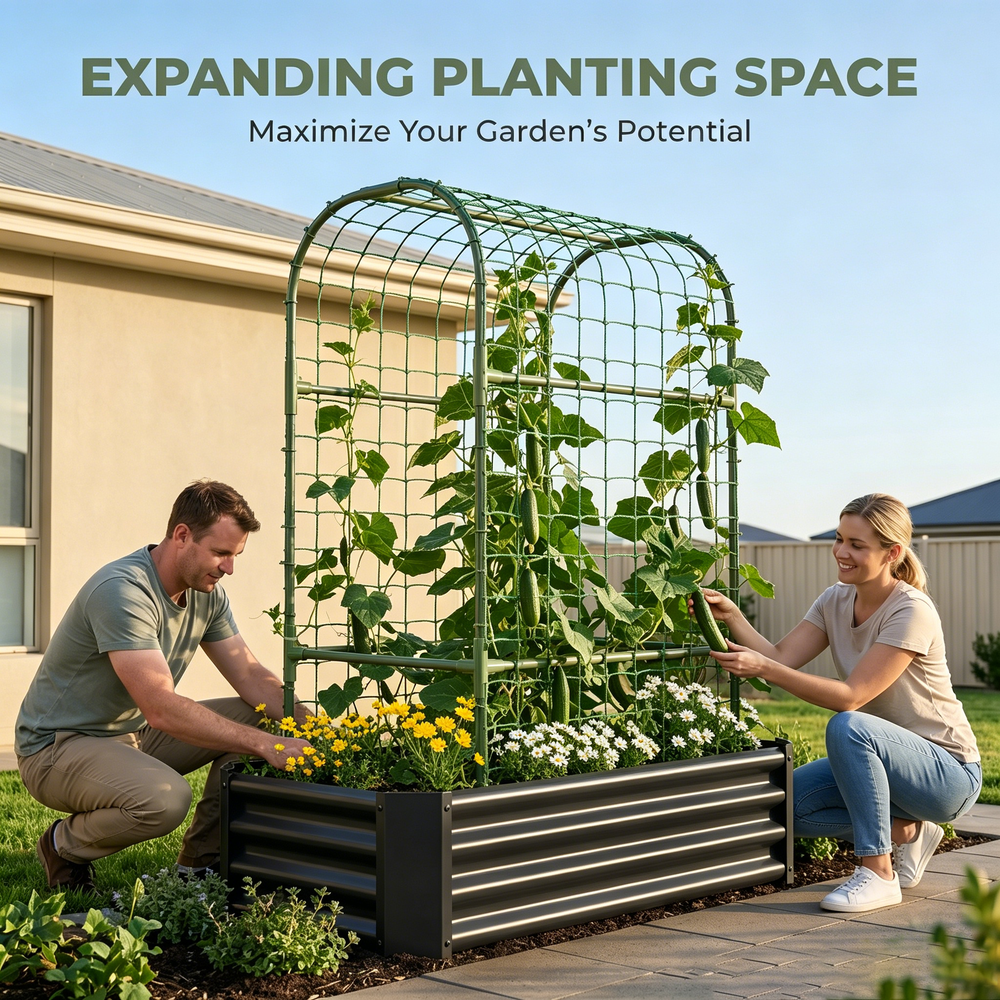 2-in-1 Raised Garden Bed with Trellis - 59' Tall Arch Planter Box for Climbing Plants, Outdoor Galvanized Metal Gardening Bed for Vegetables, Fruits, Flowers (Black, 4x2x1 Ft) Media 5