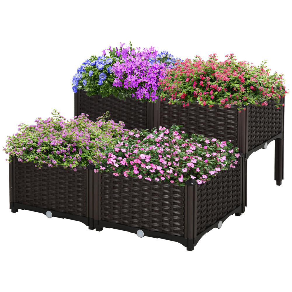 Outsunny 4 Piece Raised Garden Bed with Legs, Self-Watering Planter Box Raised Bed to Grow Flowers, Herbs & Vegetables, Brown Media 1