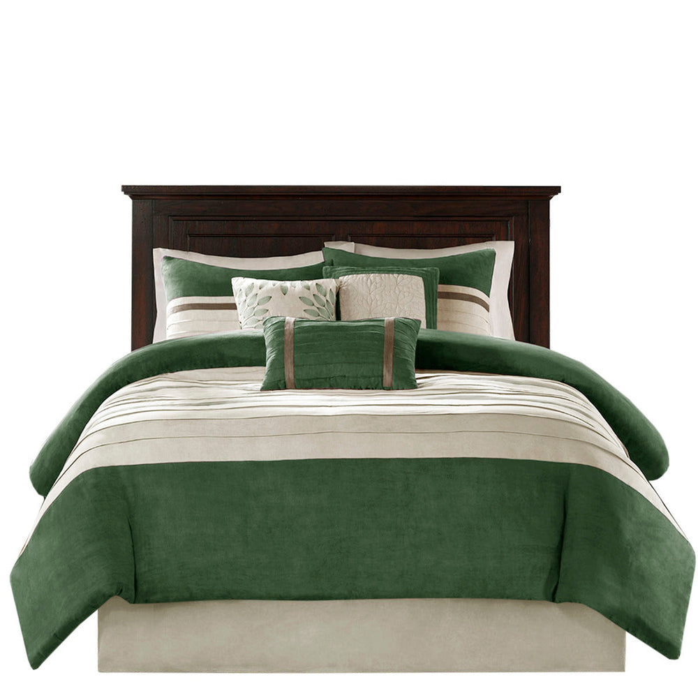 7 PC Pieced Faux Suede Comforter Set Green King Media 8