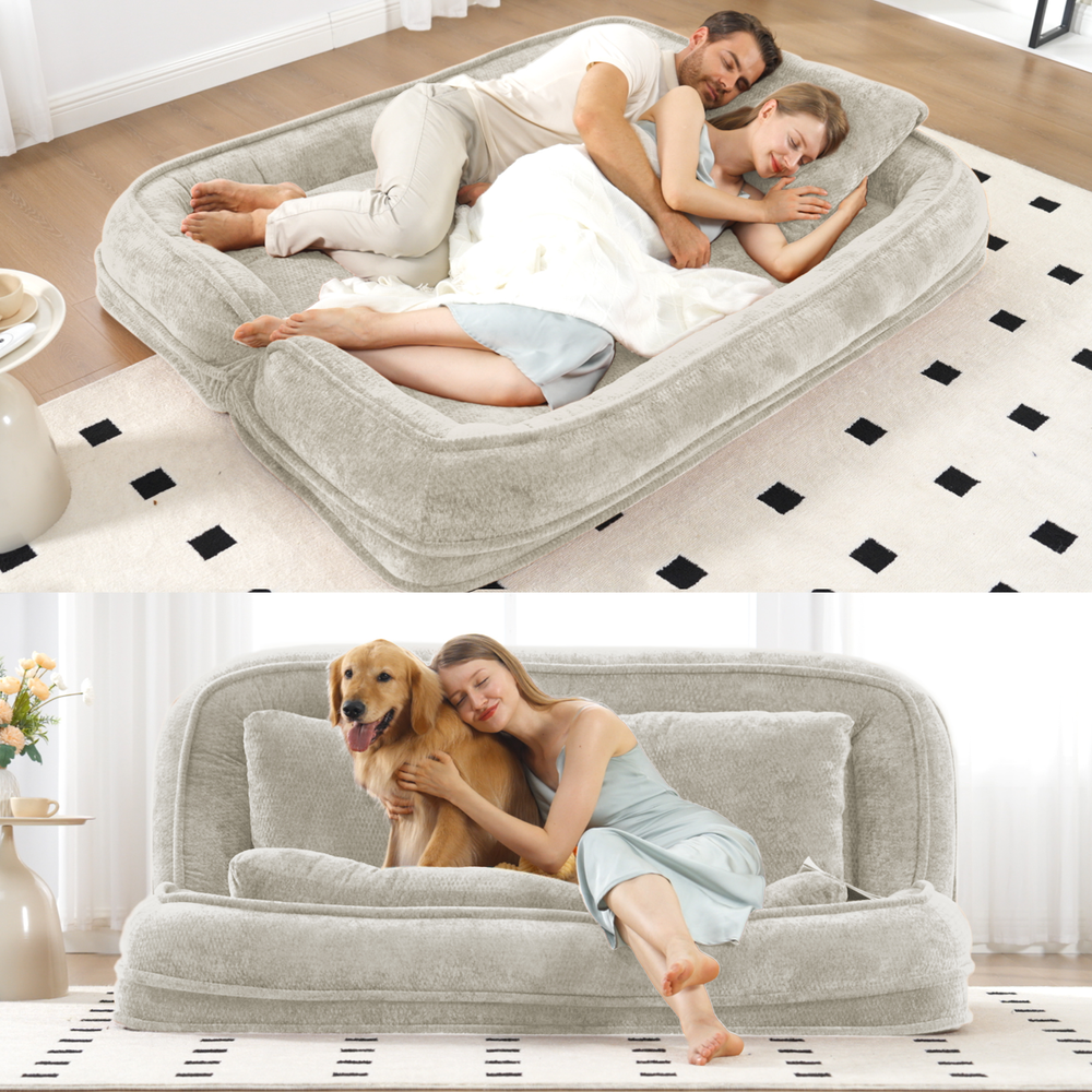 Pet Sofa Bed Chenille 2-In-1 Lounge Couch With 5 Adjustable Positions For People & Pets Beige Media 1