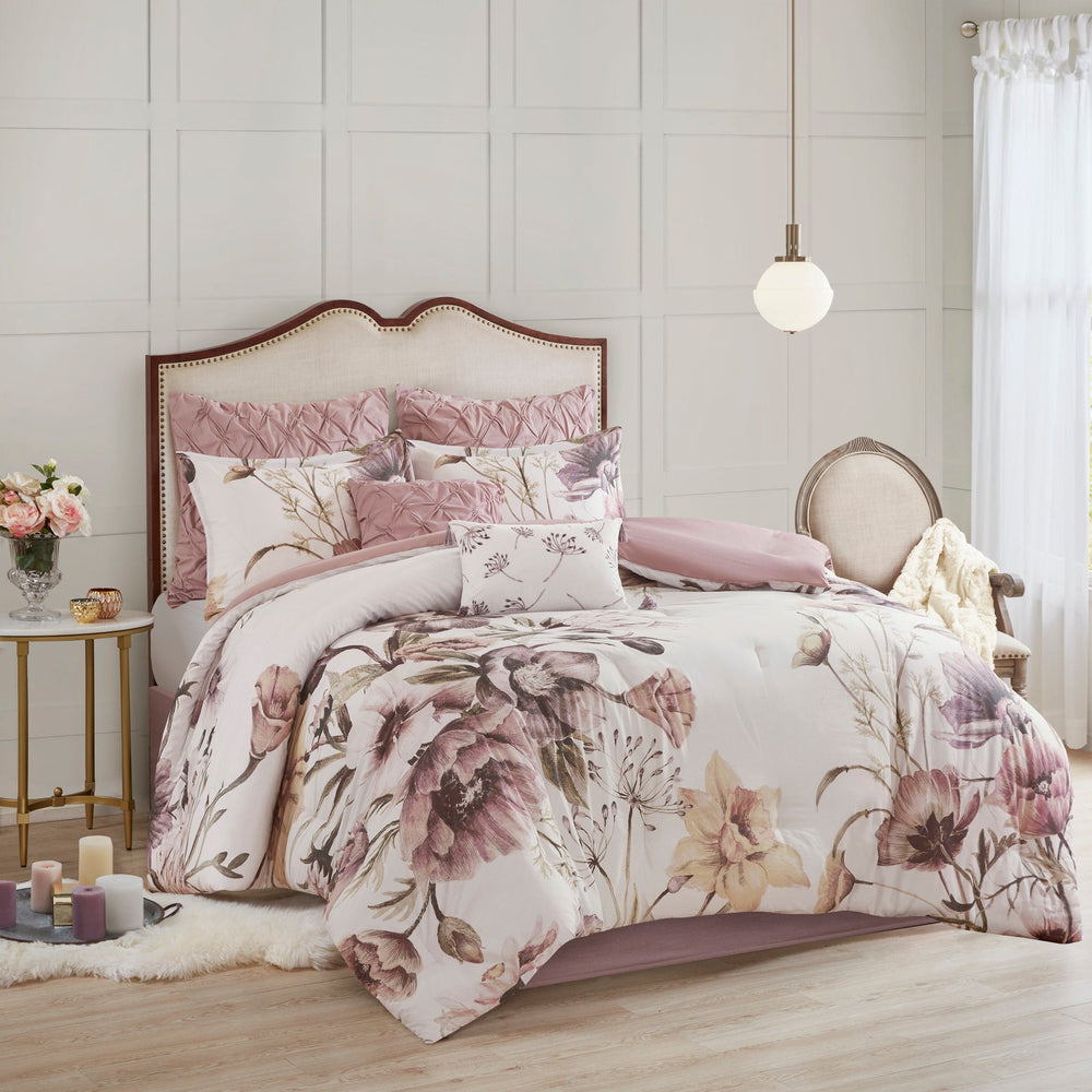 8 Piece Cotton Printed Comforter Set Blush Cal King Media 1