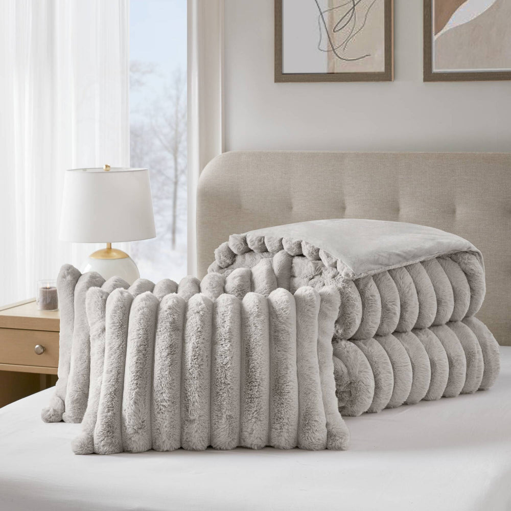 3 Pieces King  soft Faux Fur Ribbed Comforter Set,Light Gray Media 14