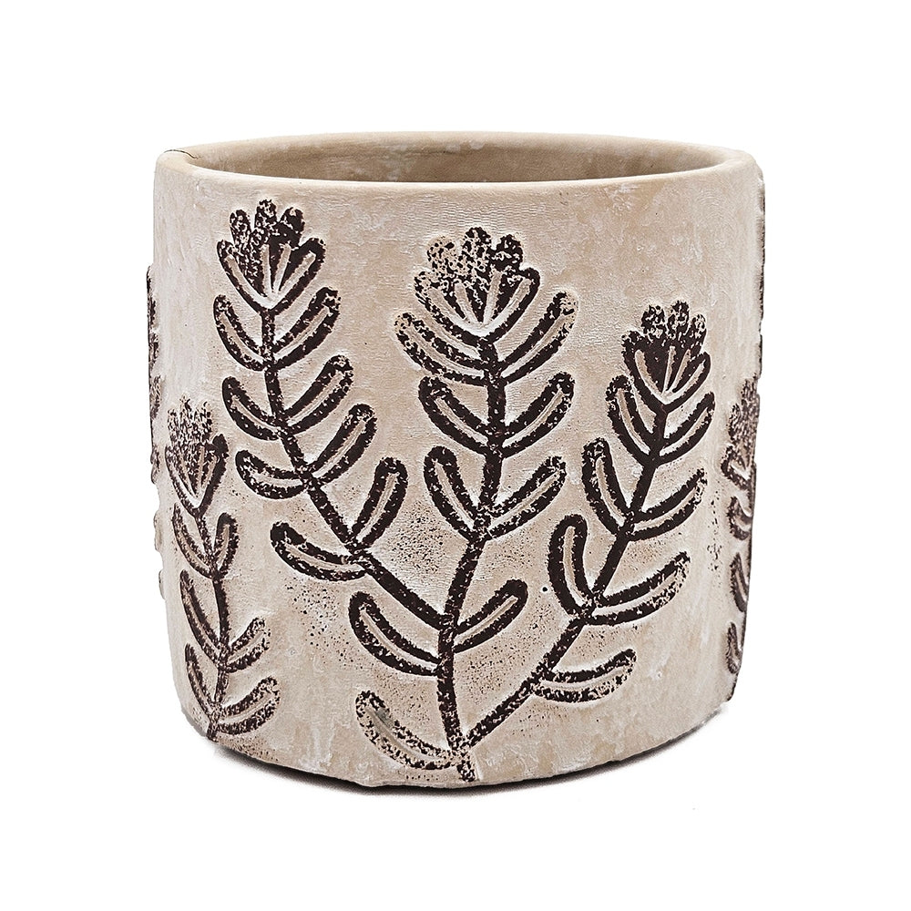 Set of 4 4.3x4.3x4' Gray Sand and Cement Planters with Brown Botanical Motifs Media 5