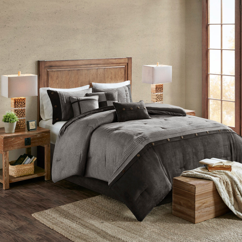 7 Piece Faux Suede Comforter Set Grey Cal King Media 1