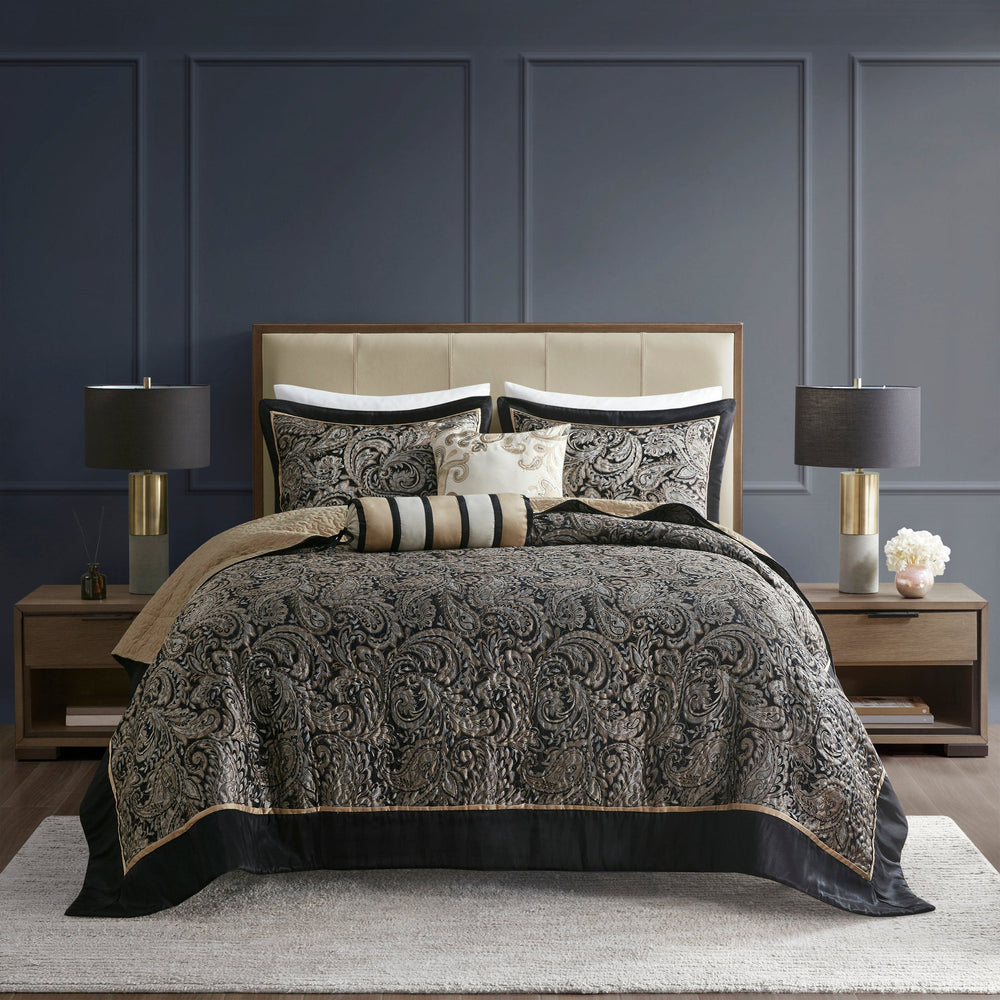 5 Piece Jacquard Bedspread Set with Throw Pillows Black Queen Media 5