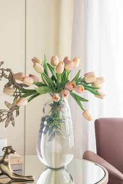 Round Clear Glass Vase with Blue and Gold Botanical Motifs perspective