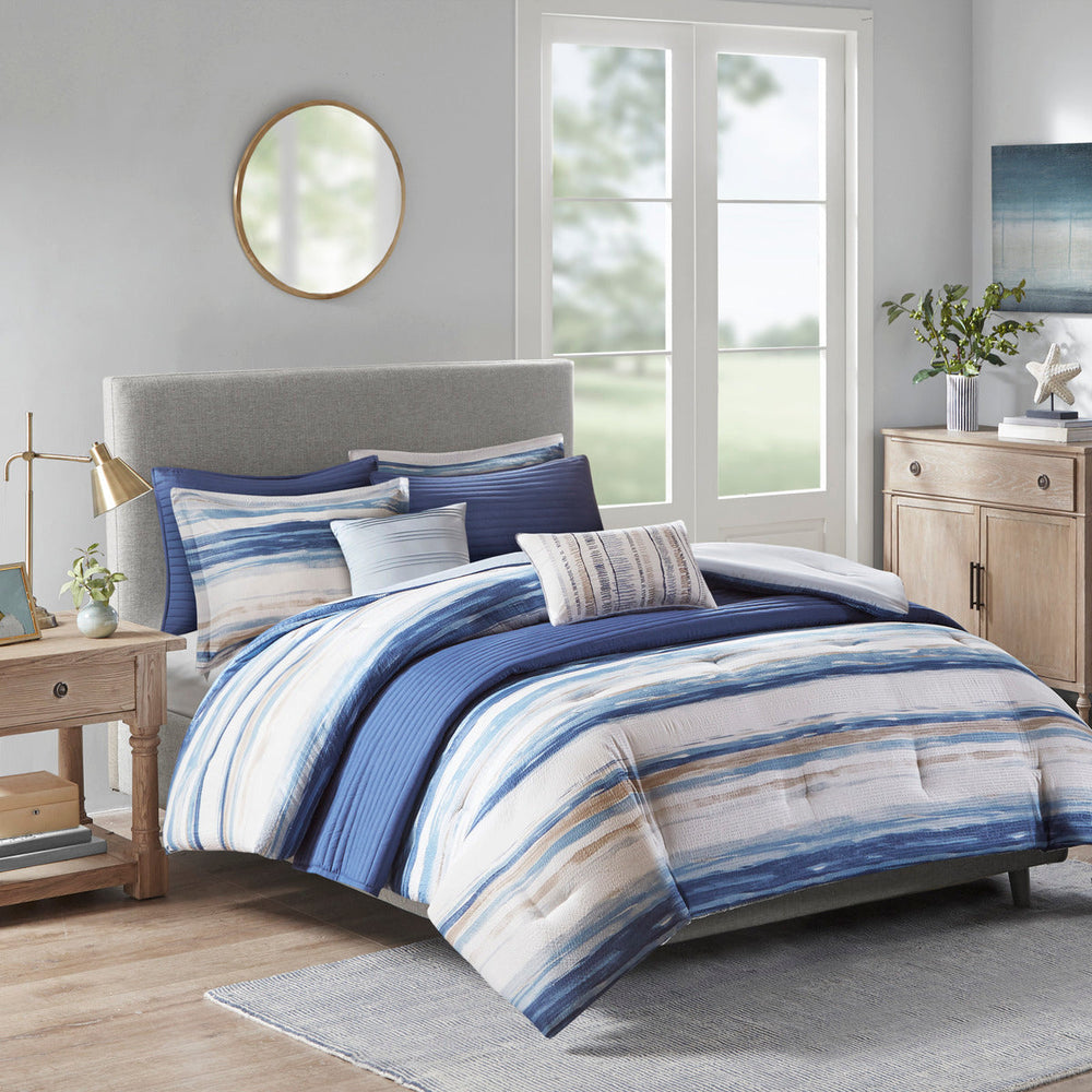 8 Piece Printed Seersucker Comforter and Quilt Set Collection Blue Full/Queen Media 1