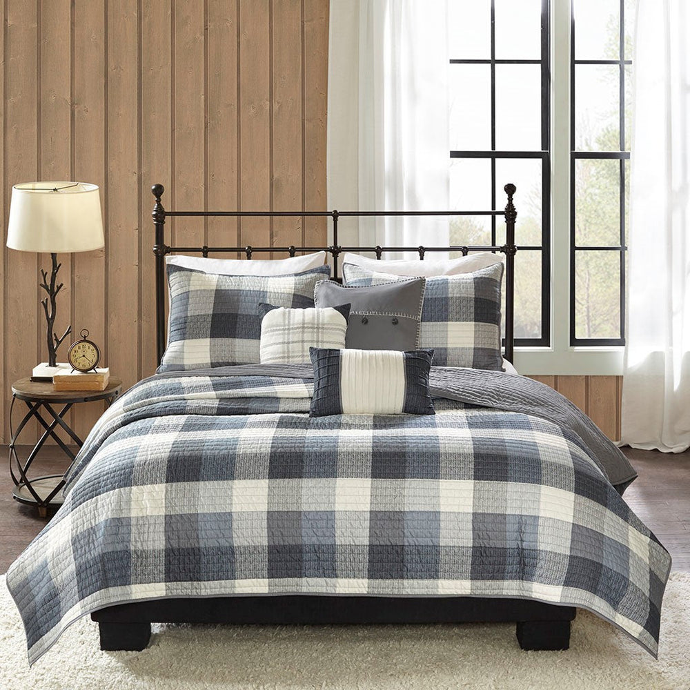 6 Piece Printed Herringbone Quilt Set with Throw Pillows Grey Full/Queen Media 3