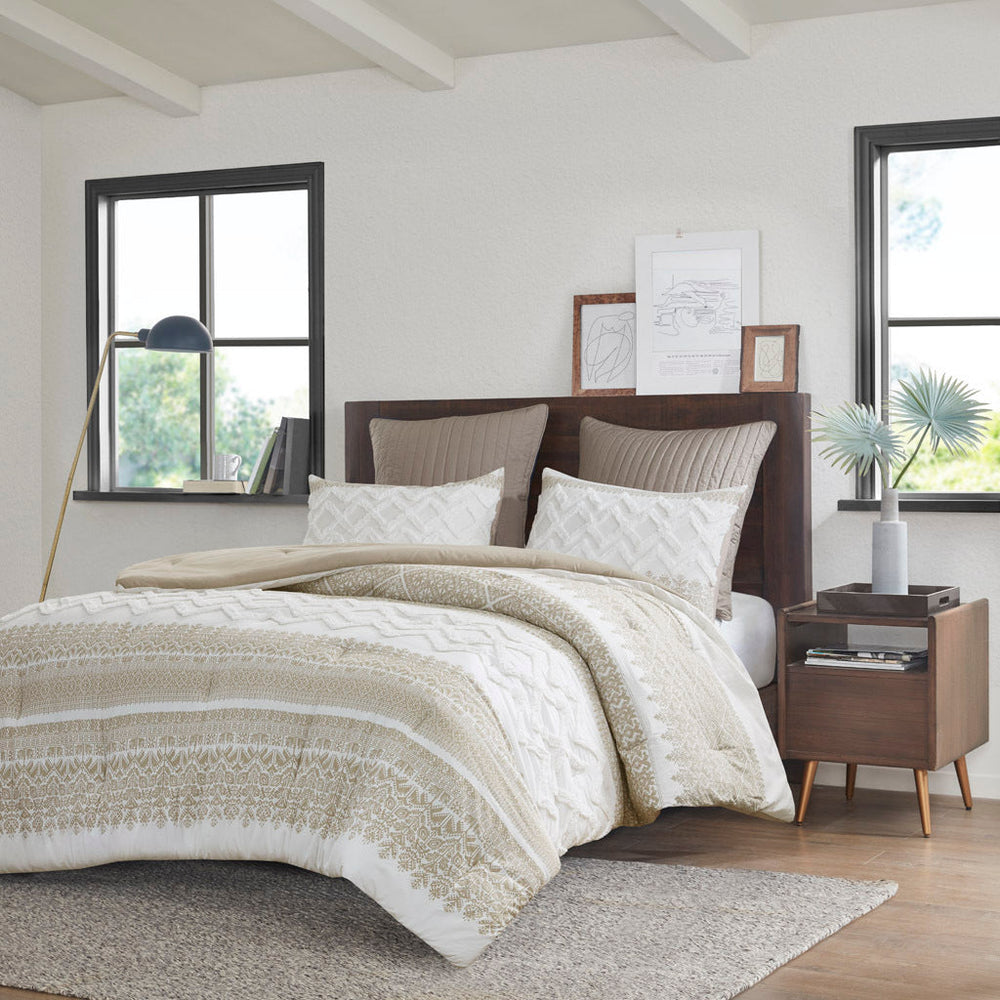 3 Piece Cotton Comforter Set with Chenille Tufting Taupe Full/Queen Media 1