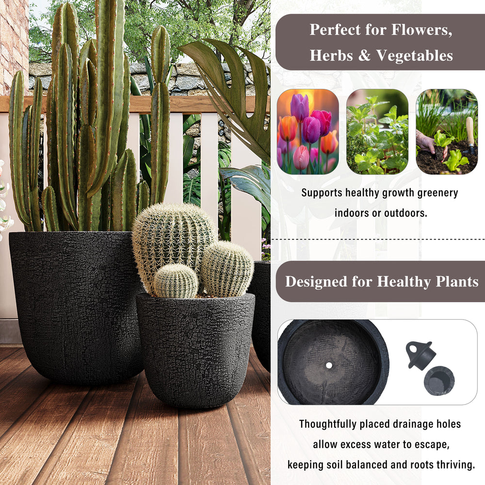 U_STYLE Lightweight MGO Planter Set of 3,16.93'+13.78'+11.02' Dia Round Concrete Stackable Flower Pots with Drainage Holes and Rubber Plug,Crackle Stone Texture for Patio Garden Balcony Indoor Outdoor Media 5