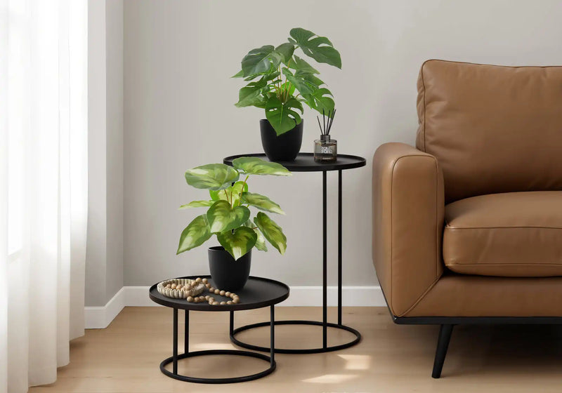 Artificial Plant, 13' Tall, Monstera Calthea, Indoor, Faux, Fake, Table, Greenery, Potted, Set Of 2, Decorative, Green Leaves, Black Pots