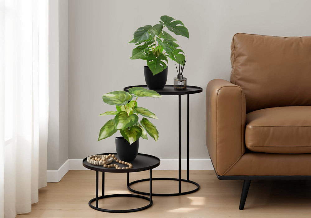 Artificial Plant, 13' Tall, Monstera Calthea, Indoor, Faux, Fake, Table, Greenery, Potted, Set Of 2, Decorative, Green Leaves, Black Pots Media 1