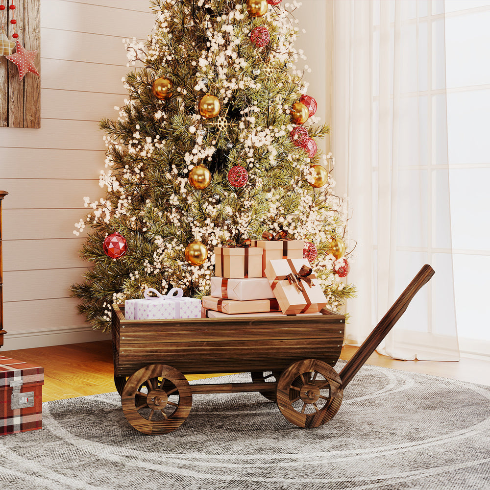 Outsunny Wooden Wagon Planter Box, Mobile Garden Planter with 4 Wheels, Small Wheelbarrow Wagon Flower Cart with Drainage Hole Media 2
