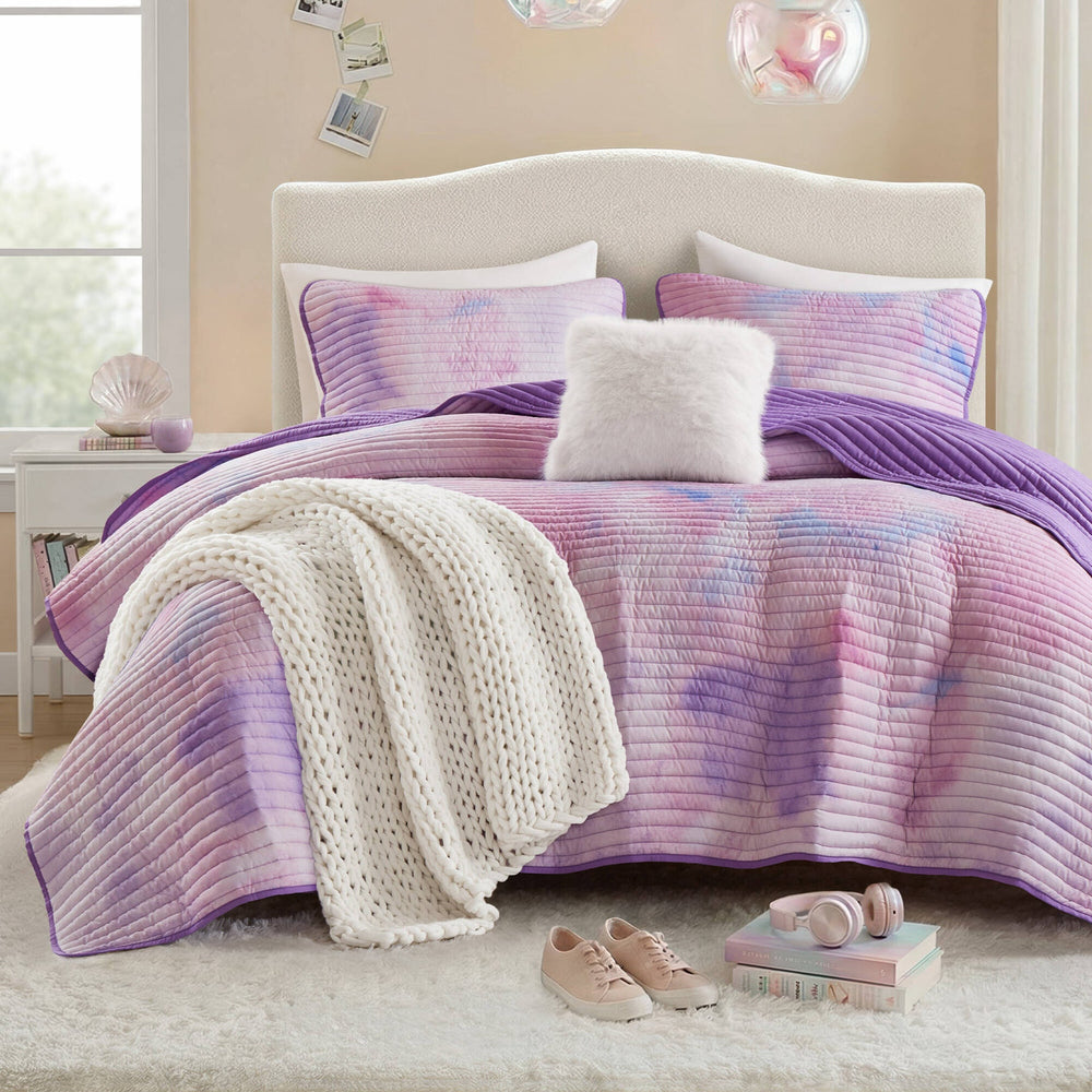 4 Pieces Full/Queen Watercolor Tie Dye Printed Quilt Set with Throw Pillow,Purple Media 7