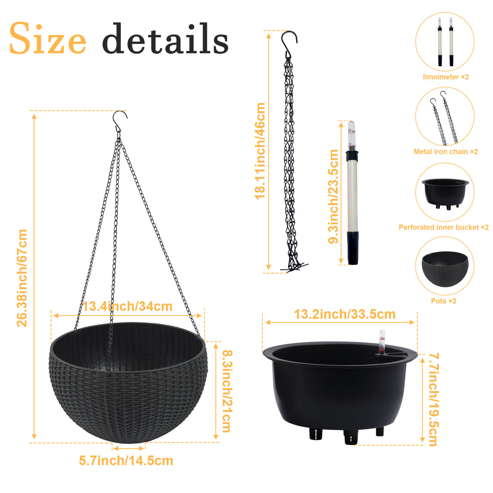 13.4 inch Self-Watering Hanging Rattan-Inspired Planter Large Capacity, Root-Rot Resistant Water Storage with Water Level Indicator, Dual-Use for Indoor & Balcony Decoration (Pack of 2, Black Color) Media 11