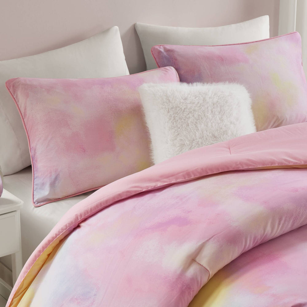 4 Pieces King/Cal King Watercolor Tie Dye Printed Comforter Set with Throw Pillow,Pink Media 13