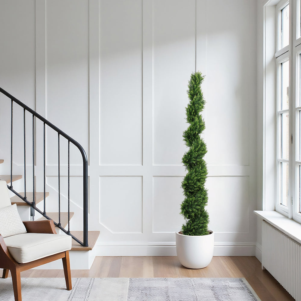 6FT two-tone spiral-shaped potted cedar tree; a realistic evergreen plant, suitable for decorating outdoor gardens, porches, patios, etc.; 2pcs/set Media 7