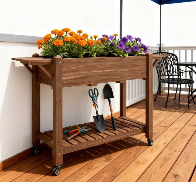 Convenient Elevated Garden Bed,Wood Raised Planter Box,with Lockable Wheels,Side Tables,Bottom Shelf,Drain Holes Media 8